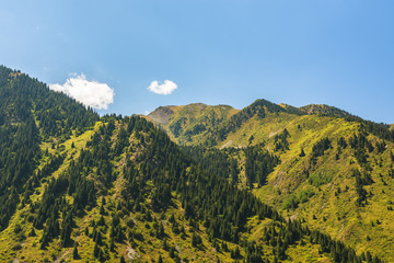 View of the mountains and the Big Almaty lake. Kazakhstan. Tien-Shan Mountains