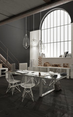 Industrial office with big window, open space, loft interior design, modern minimalist architecture