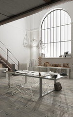 Industrial office with big window, open space, loft interior design, modern minimalist architecture