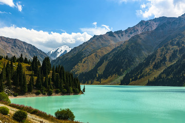 View of the mountains and the Big Almaty lake. Kazakhstan. Tien-Shan Mountains