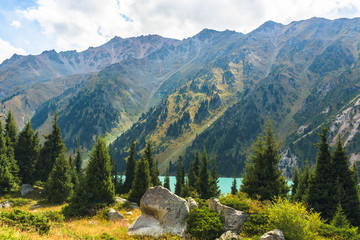 View of the mountains and the Big Almaty lake. Kazakhstan. Tien-Shan Mountains
