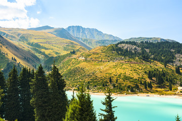 View of the mountains and the Big Almaty lake. Kazakhstan. Tien-Shan Mountains
