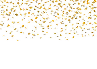 Gold stars falling confetti isolated on white background. Golden abstract random pattern Christmas card, New Year holiday. Shiny confetti paper stars. Glitter explosion Vector illustration