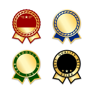 Award ribbons isolated set. Gold green design medal, label, badge, certificate. Symbol best sale, price, quality, guarantee or success, achievement. Golden ribbon award decoration Vector illustration