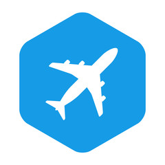 Icono plano avion en hexagono azul