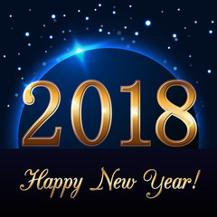 Happy New Year background with magic gold rain and globe. Golden numbers 2018 on horizon. Christmas planet design light, glow and sparkle. Symbol of wish, celebration Vector illustration