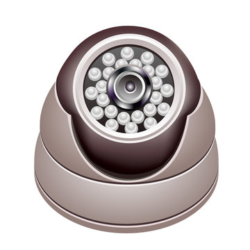 Security Camera, Dome Turret Type with Infrared Lighting for Indoor Surveillance Systems. Realistic Vector Mesh Illustration Isolated on White