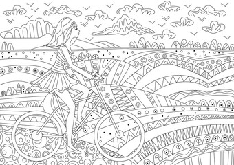 Fashion girl is riding on a bicycle for coloring book
