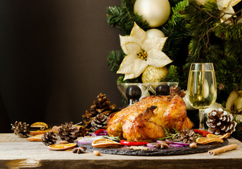 Baked turkey or chiken or Christmas or New Year Thanksgiving Day space for text