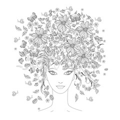 Girl with flowers on her head for coloring book