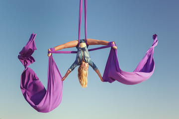 Air acrobat spread her wings, she performs complex figures.