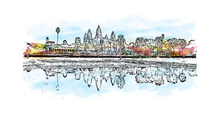 Angkor Wat Temple, Cambodia. Watercolor splash with hand drawn sketch illustration in vector 