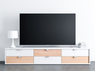 Large Smart TV set on great console, concrete floor, 3d rendering