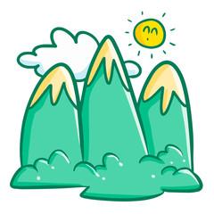 Naklejka premium Cute and funny three mountains, with sun and cloud background - vector.