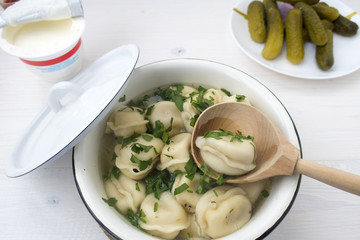 Appetizing dumplings with meat in broth.