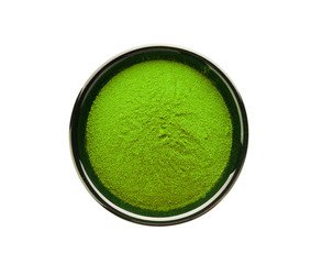 powdered matcha green tea in bowl, isolated on white background