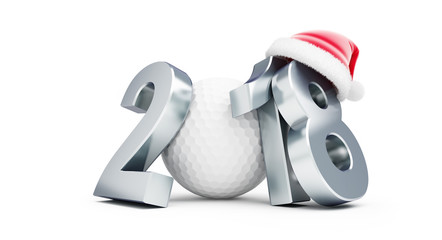 2018 new year golf bal santa hat on a white background 3D illustration, 3D rendering