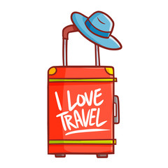 Funny and cute red travel bag with hat on it - vector.