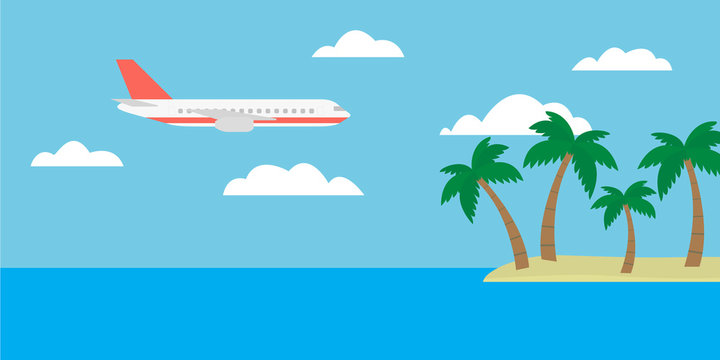 Cartoon vector illustration of a tropical island with palm trees and a large plane flying between clouds on a blue sky