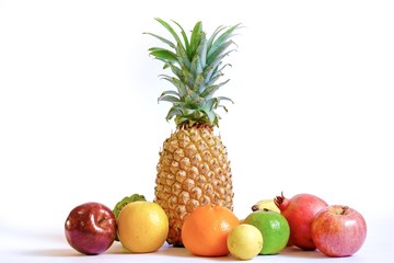 Assorted fruits isolated on white background, group of fruits