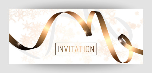 Horizontal gift gold design background with ribbons for invitation, birthday, voucher. For a banner, postcards. flyer, label, certificate. Vector.  Merry New Year and Happy Christmas.