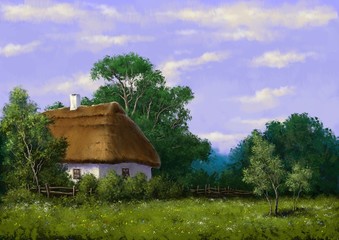 Rural landscape paintings, village. Fine art