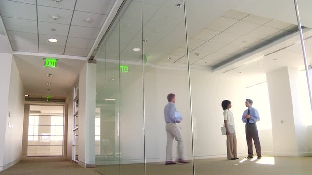 Businessmen and Businesswomen meeting in hallway and office