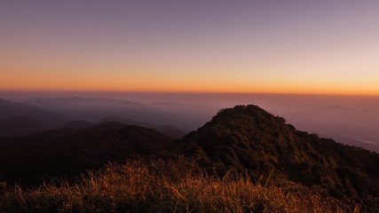 Beautiful Natural Sunset Sunrise Over Khao Mokoju Summit Mokoju Mountain, Mae Wong National Park, Thailand.
