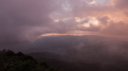 Beautiful Natural Sunset Sunrise Over Khao Mokoju Summit Mokoju Mountain, Mae Wong National Park, Thailand.