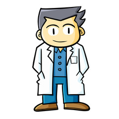 Cool, cute, and funny doctor standing, smiling to patients - vector.