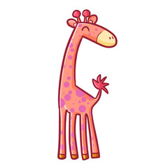 Funny and cute pink giraffe standing and smiling happily - vector.