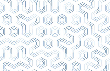 Seamless geometric pattern with hexagons and lines. Irregular structure for fabric print. Monochrome abstract background.