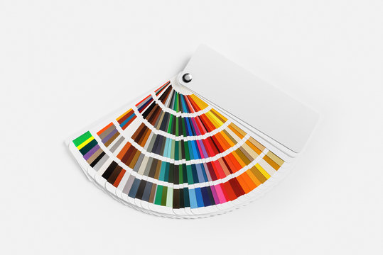 Color palette on white paper background. Guide of paint samples. Colored catalog. Flat lay.