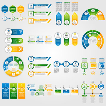 Modern vector illustration 3d. Template infographics set with three elements, sectors and percentages. Contains icons and text. Designed for business, presentations, web design, diagrams with 3 steps