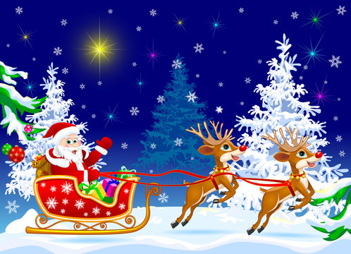 Santa on sleigh with deer.Santa Claus and deer in the winter forest on the eve of Christmas 