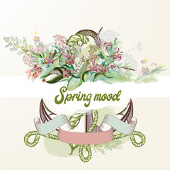 Anchor drawn in vintage style with rope and pretty flowers. Spring mood