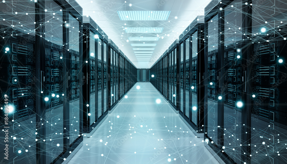 Poster server room center exchanging cyber datas 3d rendering