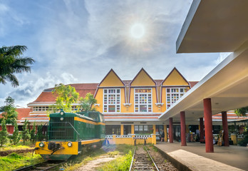 Da lat, Viet Nam - November 27th, 2017: Ancient railway station is famous place, history destination for traveler, french architecture antique train tranport tourist to visit in Da lat, Vietnam