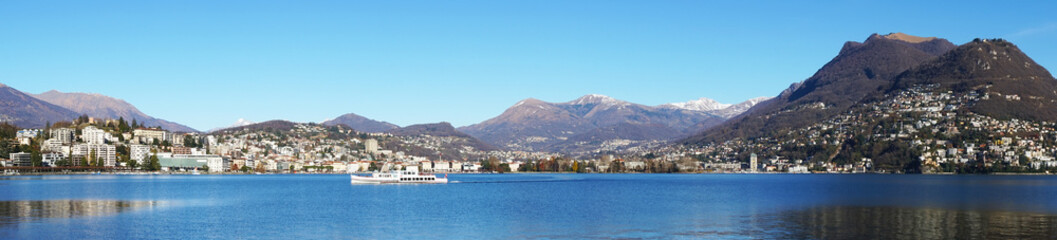 Fototapeta na wymiar Panoramic view of Lake Lugano, Switzerland, Europe