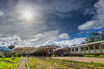 Obraz premium Da lat, Viet Nam - November 27th, 2017: Ancient railway station is famous place, history destination for traveler, french architecture antique train tranport tourist to visit in Da lat, Vietnam