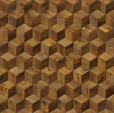 Fototapeta Natural wooden background cube 3d, grunge parquet flooring design seamless texture