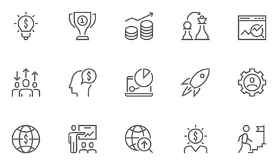 Business strategy and teamwork icons, thin line flat design
