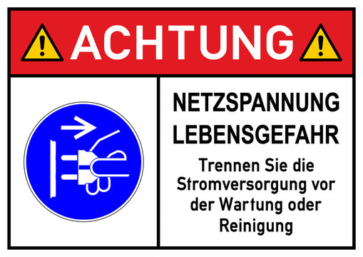 ks261 Kombi-Schild - deutsch: Gefahrenzeichen: Achtung - Netzspannung - Trennen Sie die Stromversorgung vor der Wartung oder Reinigung - Gefahr - Stromschlag - Plakat - DIN A2 A3 A4 - Poster xxl g5726