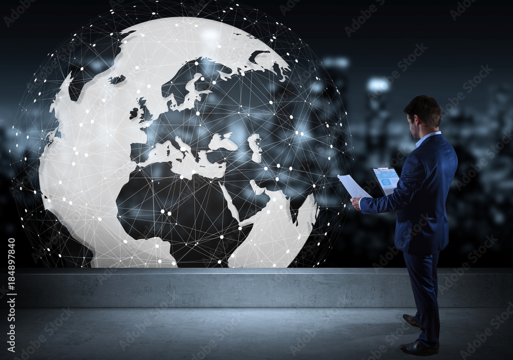 Poster businessman watching digital planet earth interface on a rooftop 3d rendering