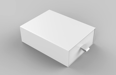 Realistic Package Cardboard Sliding drawer Box with ribbon pull on grey background. For small items, matches, and other things. 3d render illustration