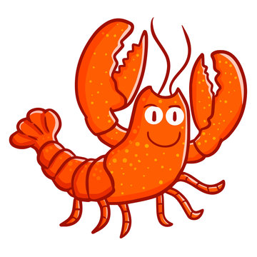Cute and funny lobster walking and puts two hands up - vector.