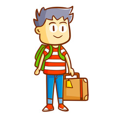 Funny and cute man with backpack and travel bag going for a vacation - vector.