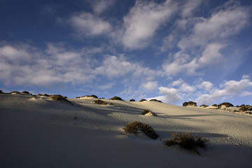 
Sanddünen Landschaft mit Wolkenhimmel mit Licht und Schatten.
