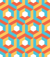 Abstract 3D background of isometric hexagonal shapes in retro colors. Vector seamless pattern design.