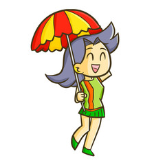 Funny and cute beautiful umbrella girl smiling happily - vector.